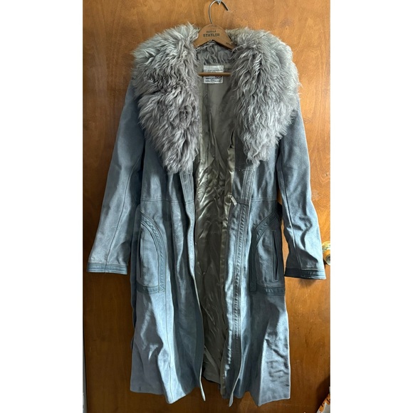 Vintage Jackets & Blazers - VINTAGE Gray Blue Dyed Leather Suede Lamb Fur Penny Lane Coat 1970s Longline 70s